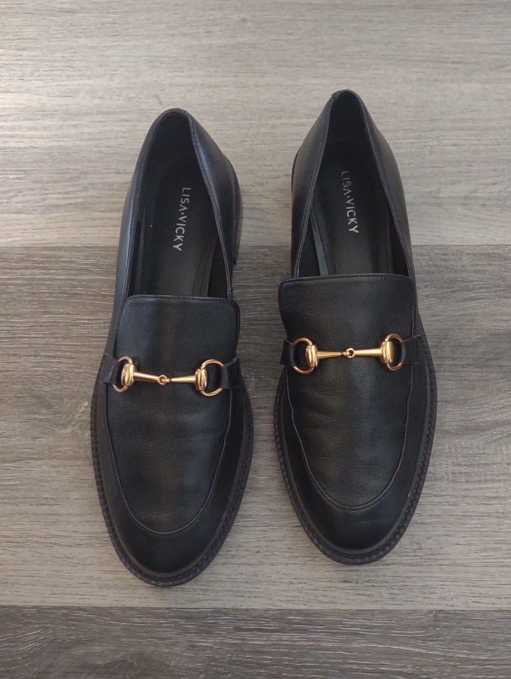 Lisa Vicky Black Gold Buckle Loafers